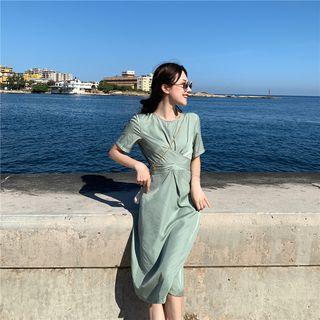 Plain Short-sleeve Slim-fit Dress Green - One Size