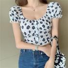 Balloon-sleeve Floral Print Cropped T-shirt White - One Size