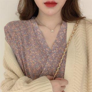 Set : Plain Knit Jacket + V-neck Long-sleeve Floral Dress
