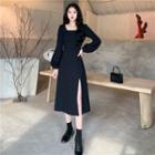 Lantern-sleeve Slit Midi A-line Dress