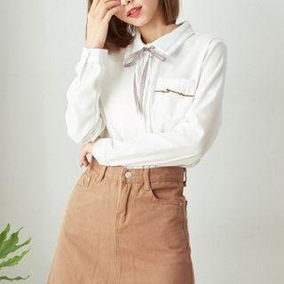 Plaid Tie-neck Long Sleeve Blouse Off-white - One Size