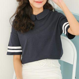 Striped Short-sleeve Peter Pan Collar Top