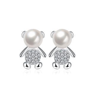 Elegant Bear Pearl Stud Earrings With Austrian Element Crystal Silver - One Size