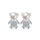 Elegant Bear Pearl Stud Earrings With Austrian Element Crystal Silver - One Size