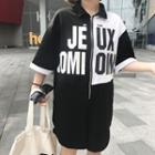 Lettering Color Panel Hooded 3/4 Sleeve Playsuit