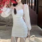 Puff-sleeve Square-neck Drawstring Dress