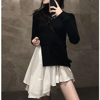 Patchwork Mock Two-piece Knit Dress Black - One Size