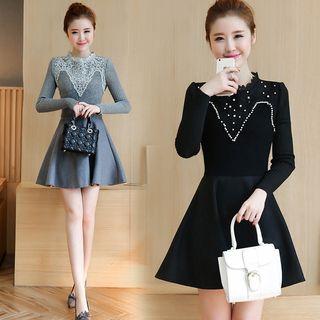 Faux Pearl Lace Trim Long Sleeve Woolen Dress