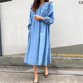 V-neck Frill-trim Denim Dress