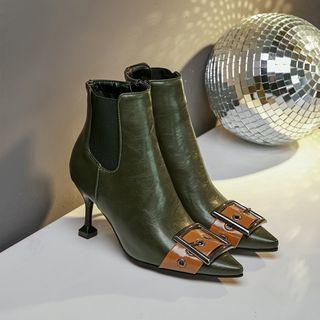 Side-zip Belt Accent Kitten Heel Ankle Boots