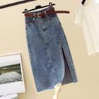 Set: Side-slit Denim Midi Pencil Skirt + Faux Leather Belt