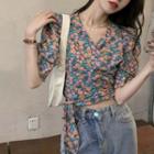 Short-sleeve Floral Blouse Orange & Green - One Size