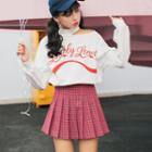Set : Cutout Letter Long-sleeve T-shirt + Plaid Mini Skirt
