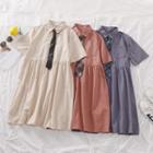 Elbow-sleeve A-line Midi Dress / Tie