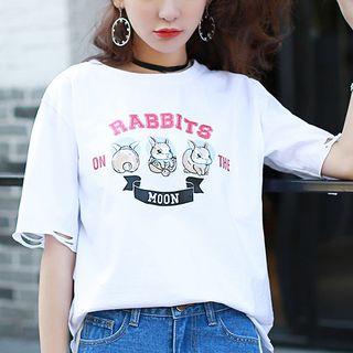 Rabbit Print Elbow Sleeve Ripped T-shirt