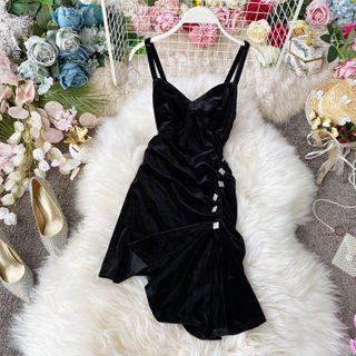 Spaghetti Strap Asymmetric Midi Sheath Velvet Dress
