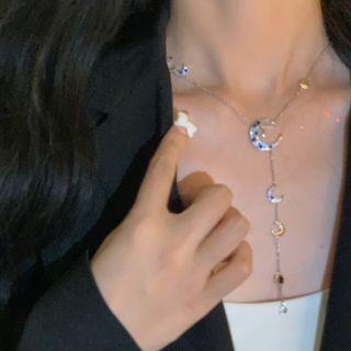 Rhinestone Moon Pendant Necklace Dark Blue - One Size