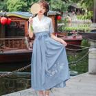 Set: Short-sleeve Hanfu Top + Maxi Skirt