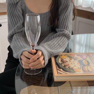 Puff-sleeve Square-neck Rib-knit Top