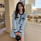 Long-sleeve Bow-accent Knit Top / A-line Skirt