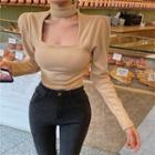 Plain Square-neck T-shirt Khaki - One Size