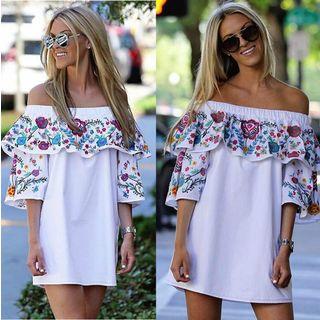 Off-shoulder Flower Print Elbow-sleeve Dress