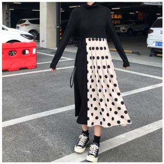 Set: Long-sleeve Midi Dress + Dotted Pleated Skirt As Shown In Figure - One Size