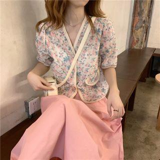 Short-sleeve Floral Print Button-up Top / Midi A-line Skirt
