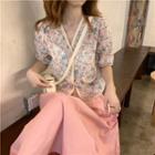 Short-sleeve Floral Print Button-up Top / Midi A-line Skirt