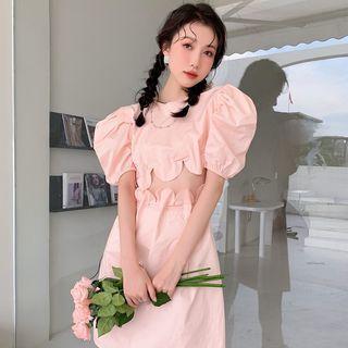 Puff-sleeve Ruffled Panel A-line Dress