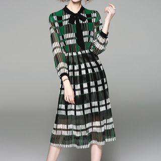 Check Long-sleeve Tie-neck A-line Dress