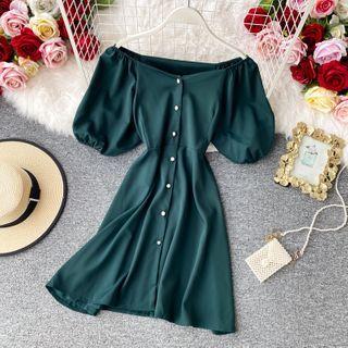 Plain Off-shoulder Single-breasted Mini Dress