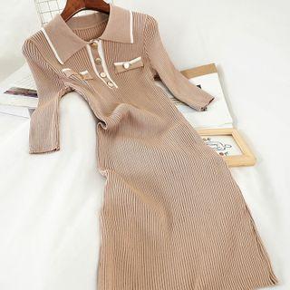 Ribbed Elbow-sleeve Knit Dress