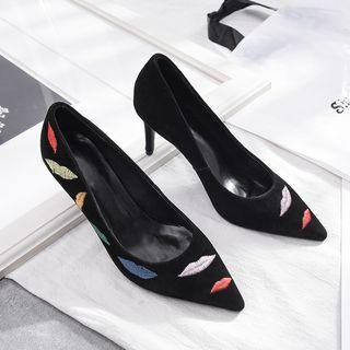 Genuine Leather Lip Embroidered High Heel Pumps