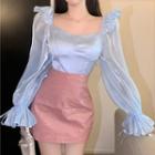 Long-sleeve Square-neck Blouse / Faux Leather Mini Skirt