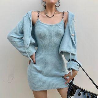 Spaghetti Strap Chain Knit Mini Bodycon Dress / Cardigan