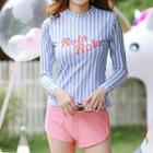 Letter Pinstripe Long-sleeve 2-piece Swimsuit
