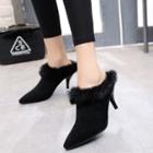 Fluffy Trim Faux Leather High-heel Mules