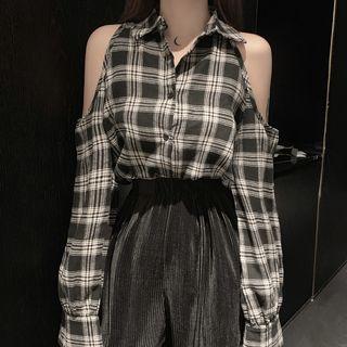 Long-sleeve Cold-shoulder Plaid Shirt