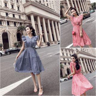 Ruffled-cuff High-waist Gingham Mini Dress