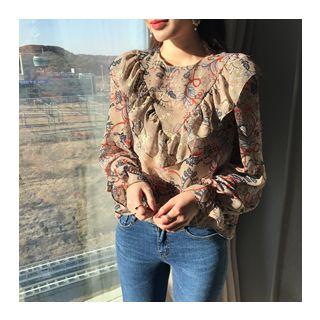 Ruffle-yoke Floral Pattern Chiffon Top
