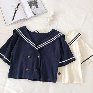 Striped Double-breasted Short-sleeve Blouse