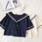 Striped Double-breasted Short-sleeve Blouse