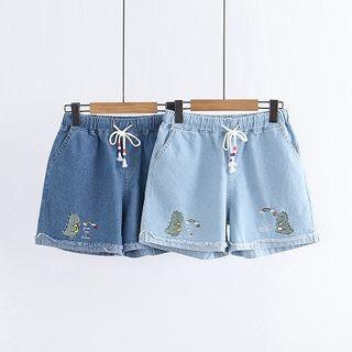 Dinosaur Embroidered Denim Shorts
