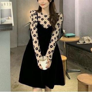 Set: Long-sleeve Floral Print T-shirt + Overall Dress