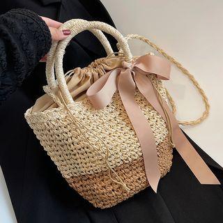 Ribbon Woven Bucket Tote Bag