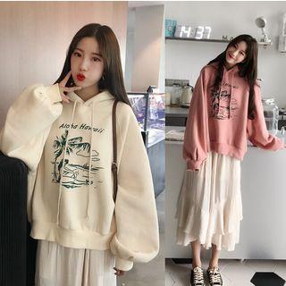 Puff-sleeve Print Hoodie/ Tiered Midi A-line Skirt