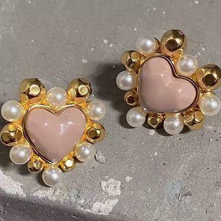 Heart Faux Pearl Alloy Earring 1 Pair - Gold & Pink - One Size