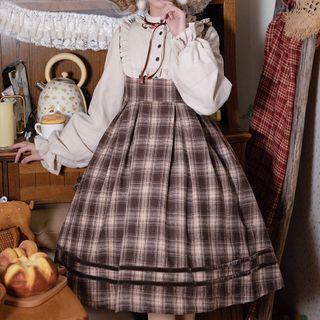 Set: Long-sleeve Plaid A-line Dress + Bow Headpiece