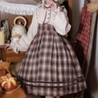 Set: Long-sleeve Plaid A-line Dress + Bow Headpiece